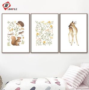Paintings Nursery Woodland Wall Art Squirrel Deer Canvas Painting Flower Posters And Prints Little Forest Animals Pictures For Liv4721138