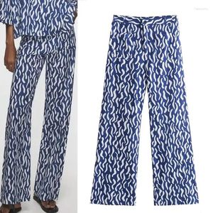 Frauenhosenabdruck für Frau 2024 Vintage -Knopftasche gerade Beinhosen Casual Blue Mid Rise Frau's Summer Pants Sets