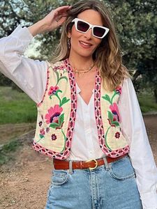 Women Flower ricamo giubbotto vintage V collo senza maniche cardigan femmina estate primavera boho sciolte ladies cimople cimici 240516