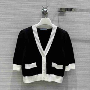 Kvinnors tröjor Spring Black Contrast Color Brodery Sticked Cardigan Sweater Sleeve V Neck Paneled Single Breasted Tops W Da Oda