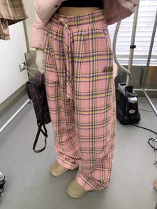 Deeptown Y2K Pink Plaid Pants Women Корейская модная зима широкая нога. Б штата Негабаритные винтажные мешковатые штаны Harajuku 240524