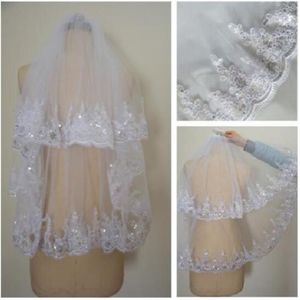 Free Shipping In Stock White Ivory Two Layer Short Bridal Veil with Comb with Lace Appliques and Sequins Wedding Accessories mo69 266N