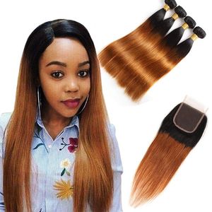 Brazilian Human Hair Bundles With 4X4 Lace Closure Straight 4 Pieces/lot 1B/30 Double Color Straight 1B 30 Tdlcc