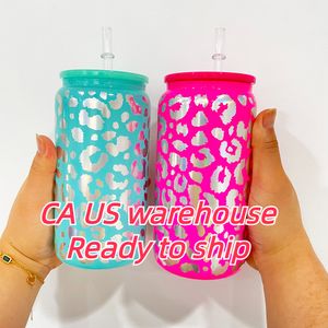 米国の倉庫ホウケイ酸ガラスホログラフィックシニービニールラップ16オンス色のヒョウガラス缶アイスコーヒー、ソーダ、ポップ用のプラスチックの蓋付き