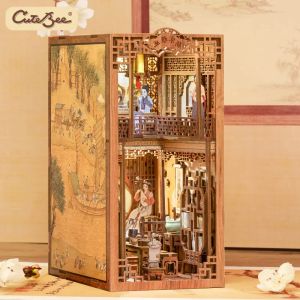 CUTEBEE DIY Book Nook Kit Elegant Song Miniature Dollhouse Touch Lights with Furniture 3D Wooden Bookend for Children Gift