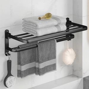 Rack de toalha preta foste 40-60cm suporte móvel com prateleira de parede de parede de gancho de alumínio barra de chuveiro de barra de trilho de trilhos de banheiro acessórios