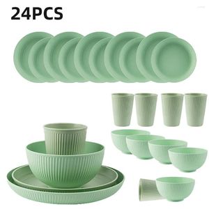 Dinnerware Sets 24pcs Wheat Straw Conjunto de talheres de mesa verde e ecológicos Cretlers de cozinha Pratos de crianças comendo acampamento