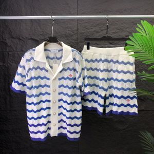 Herrspårar Tennismönster Knit Kort ärmdräkt Hawaiian strandstil Skjorta Shorts Men's and Women's Cotton Suit #22