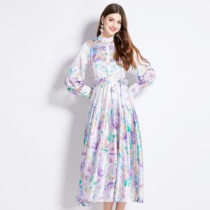 Satin Vintage Printed Dress With Sashas, Stand Collar Lantern Sleeve Long Dress, Female Casual Holiday Robe, Spring Autumn