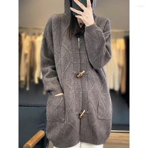 Women's Knits Merino Wool Knitted Sweater Official 2024 Autumn And Winter Buckle Cable Thickened Hooded Cardigan K2k