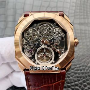 Новый 42 -миллиметровый Octo Finissimo Tourbillon 102719 Скелетный циферблат розового золота Автоматические мужские часы Черные кожаные ремешки спортивные часы высокого качества 150J