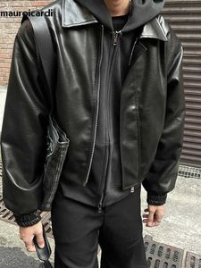Herrjackor Mauroicardi Spring och Autumn Cool Ultra Fine Black Soft Pu Leather Jacket Mens Zipper Luxury Designer American Retro Clothing Q240523