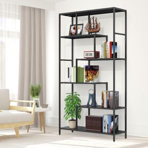 ZK20 6 Tier Black Metal Bookhelf-Sturdy och elegant hög öppen bokhylla för växter, böcker och dekor, multifunktionshylla med anti-Tip Wall-montering