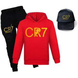 Giyim setleri yeni Cr7 Sonbahar Çocuk Giyim Seti Doğum Günü Seti Erkekler İzleme Set Çocuk Portekiz Futbol 7 Spor Seti Hoodie Pantolon Şapka Seti T240524