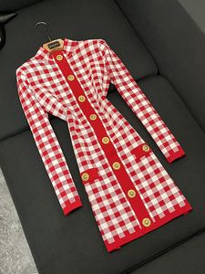 2024 Autumn Red Plaid Panelled Knitted Dress Long Sleeve Stand Collar Buttons Single-Breasted Casual Dresses D4W211812