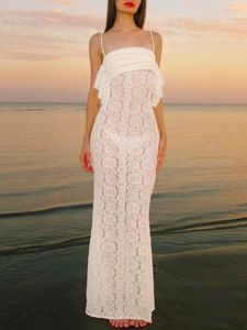 Casual Dresses Women'S Summer Long Camouflage Sexy Buttocks Wrapped Dress White Sleeveless Backless Sheer Lace Party