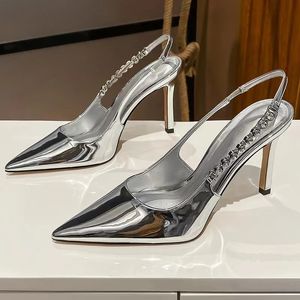 Saltos altos brilhantes Slingback Silver Women bombas Sandals de cristal metálico pontudo