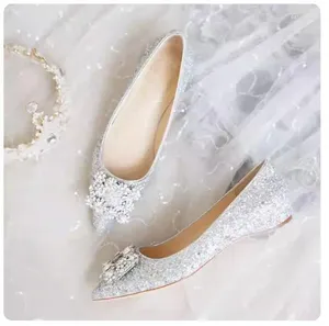 Casual Shoes Wedding Women 2024 Spring and Autumn Flat Silver Sequin Princess Glass gravid brud