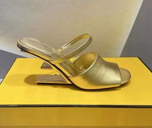 golden Sculpted highheeled slippers Metallic high heels open toes slipon slides mules calfskin leather outsole sandals for women1336967