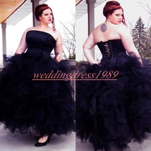 Elegance Gothic Plus Size Long Wedding Dress Black Tiered Tulle Strapless African vestido de noiva Arabic Bridal Gown Ball Country Brid 298Z