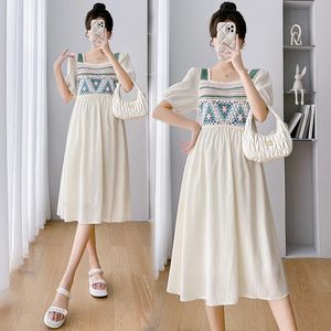 Summer Fashion Maternity Dress Short Slleve Square Collar Hollow Out Sticke Patchwork Backless Pregnant Woman Chiffon Dress 240524