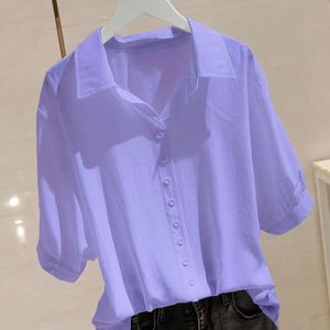 Enkel kort ärmskjorta Kvinnlig Loose Casual Solid Lapel -knappar Elegant och ungdomskvinna Blusar Summer Korean Fashion