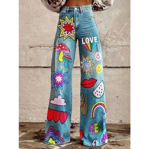 Jeans femminile femminile patchwork blu patchwork stampa pantaloni a gamba casual gamba vintage pantaloni estivi floreali divertenti pantaloni di bagliori morbidi più t240523