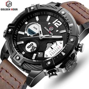 Top Brand GOLDENHOUR Genuine Leather Mens Quartz Watch Sport Military Clocks Waterproof Alarm Man Wristwatch Relogio Masculino 229r