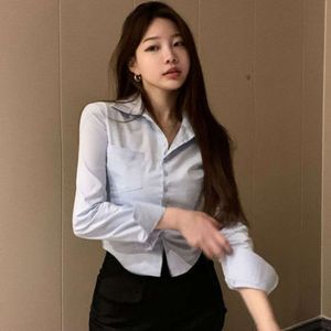 Camisas mulheres dobras Slim Fit Crop Tops Diário Design Branco Puro estilo coreano Moda Office Casual Lady All-Match Tender Spring
