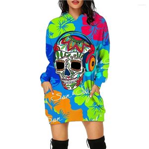 Casual Dresses Colorflu Skull Halloween Printed Hoodie Dress Women's Top Workout Sweatshirt Long Sleeve Pullover Autumn Loose Tee