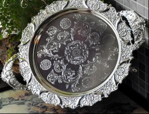 Yuvarlak Gümüş Kabartmalı Metal Servis Tepsi Depolama Tepsisi Meyve El Restoranı Ev Dekorasyonu1954369