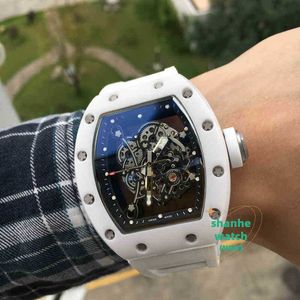 RM 시계 날짜 비즈니스 레저 남성 자동 기계적 시계 흰색 세라믹 중공 테이프 조류 조명 패션 대기 운동