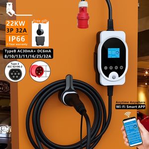 Wi-Fi APP Smart Fast Charging Station for Electric Vehicle 22KW Portable EV Charger Type2 Cable 32A 3Phase EVSE Wallbox