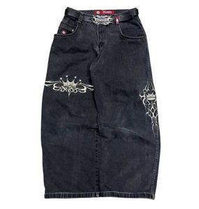 Women's Jeans JNCO Jeans New Y2K Womens Harajuku Retro Hip Hop Embroidered Luggage Jeans Black Pants Gothic High Waist Wide Trousers Street Clothing Q240523