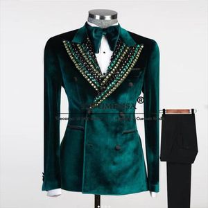 Men's Suits Green Velvet Suit Men For Wedding Handmade Crystals Beaded Lapel Jacket Pants 2 Pcs Bridegroom Tuxedos Tailored Business Clothes