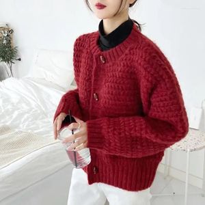 Malhas femininas BOTÃO BROWN WINTRO TOPS TOPS PARA MULHER ROUNTE o Cardigã de suéter vermelho pescoço em Y2K Vintage 2024 Coleção outono dos anos 90s