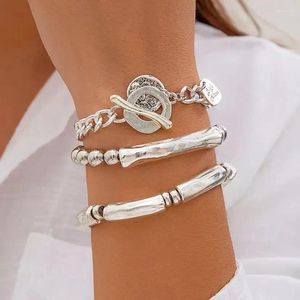 Связанные браслеты 3pcs/Set Gothic Hip Hop Silver Color Bracelet для женщин модный винтаж Ot Buckle Hang Tag Толстые браслеты