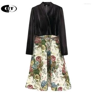 Casual Dresses OFF Autumn Spring Velvet Patchwork Flower Jacquard Weave Vintage Midi For Women V-neck Retro Elegant Party Vestidos