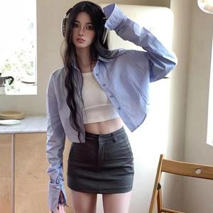 Frauenblusen koreanische modische blaue Hemden Frauen Harajuku Langarm Top Indie ästhetische Kleidung Outfits Bluse Streetwear