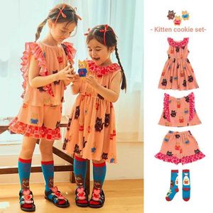 Flickas klänningar kläder set flickor klänning 2024 sommar koreansk tecknad ärmlös barn klänning ren bomull söt flicka kort ärm barnkläder wx5.23