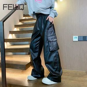 Calça masculina Poucas QURAÇÃO PU CALEIRA MENINAS 2023 Novo outono da moda coreana perna larga cintura elástica coloração sólida calça masculina High Street 24x1598 Y240522
