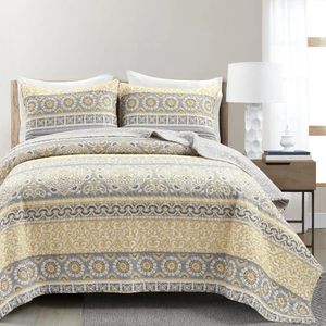 Duvet cover set striped double-sided cotton 3-piece set king size machine washable yellow and grey 240523