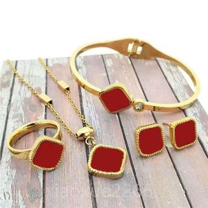 Necklace designer woman Gold Plated four leaf Clover Necklace earrings sets Fashion Red agate Necklace Wedding Party Jewelry gift 4-piece Combination suit