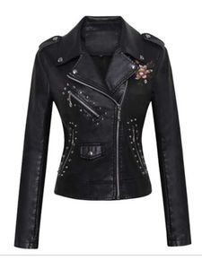 Women's Leather Faux Leather Women Patchwork Leather Jackets Flower Embroidery Rivets Short Section Pu Leather Small Jackets Casual Motorcycle Coats T240523