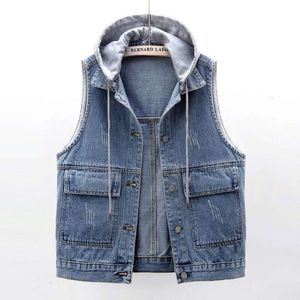 Versatile Spring And Autumn Hooded Cowboy Vest Women S Loose Korean Wind Hat Tank Top Kam Shoulder Coat For Outwear