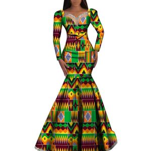 Bintarealwax Fashion Robe Dresses Ankara Print African Dresses For Women Long Sleeve Elegant Dashiki Wedding Pleated Kirt Dress WY1058