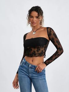 Frauen Tanks Frauen y2k Spitze aus der Spitze durch die Masche Langarm Sachselzucken Hemd Cami Tube Top 2 Stück Streetwear