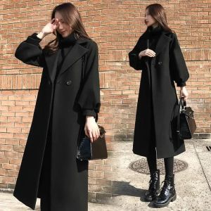 QNPQYX New Spring Autumn Woolen Coats Female Long Loose Wool Jackets Plus Size Black Wool Trench Coats Women's Fashion Overcoat