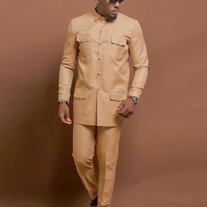 Mens Wedding Dress Single-Breasted Suit Two-Piece Suit Shirt Solid Color Iong Sleeve Social African National Style Clothing 240521