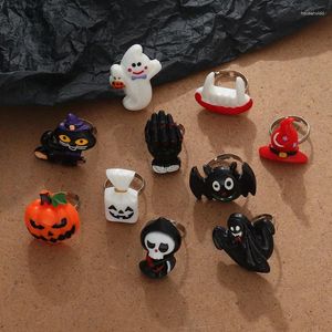 Ringas de cluster Halloween Bat Ghost Pumpkin for Women 2024 Punk dentes Hat Sketton